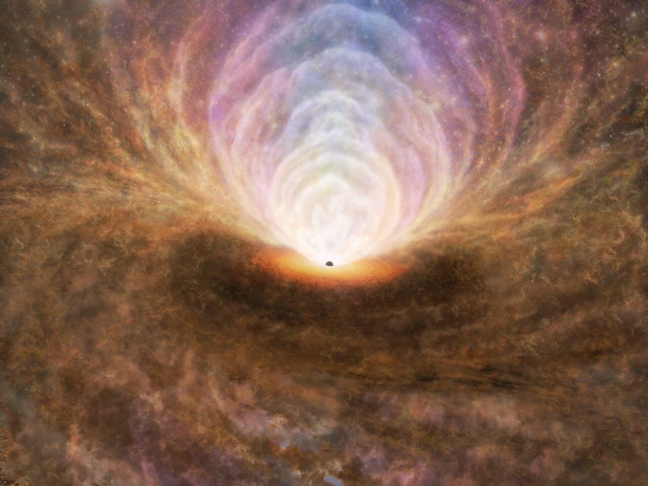 [▲الشكل 1: رسم تخيلي للمنطقة المحيطة بالثقب الأسود يعكس نتائج هذا البحث. يتدفق غاز البلازما عموديًا بعيدًا عن الثقب الأسود، بينما تتدفق الغازات الجزيئية والذرية بشكل قطري. وقد تم الكشف أيضًا عن أن تدفق الغاز هذا يتصرف مثل النافورة العائدة إلى قرص التراكم.  (مصدر الصورة: ALMA (ESO/NAOJ/NRAO), T. Izumi et al.)]