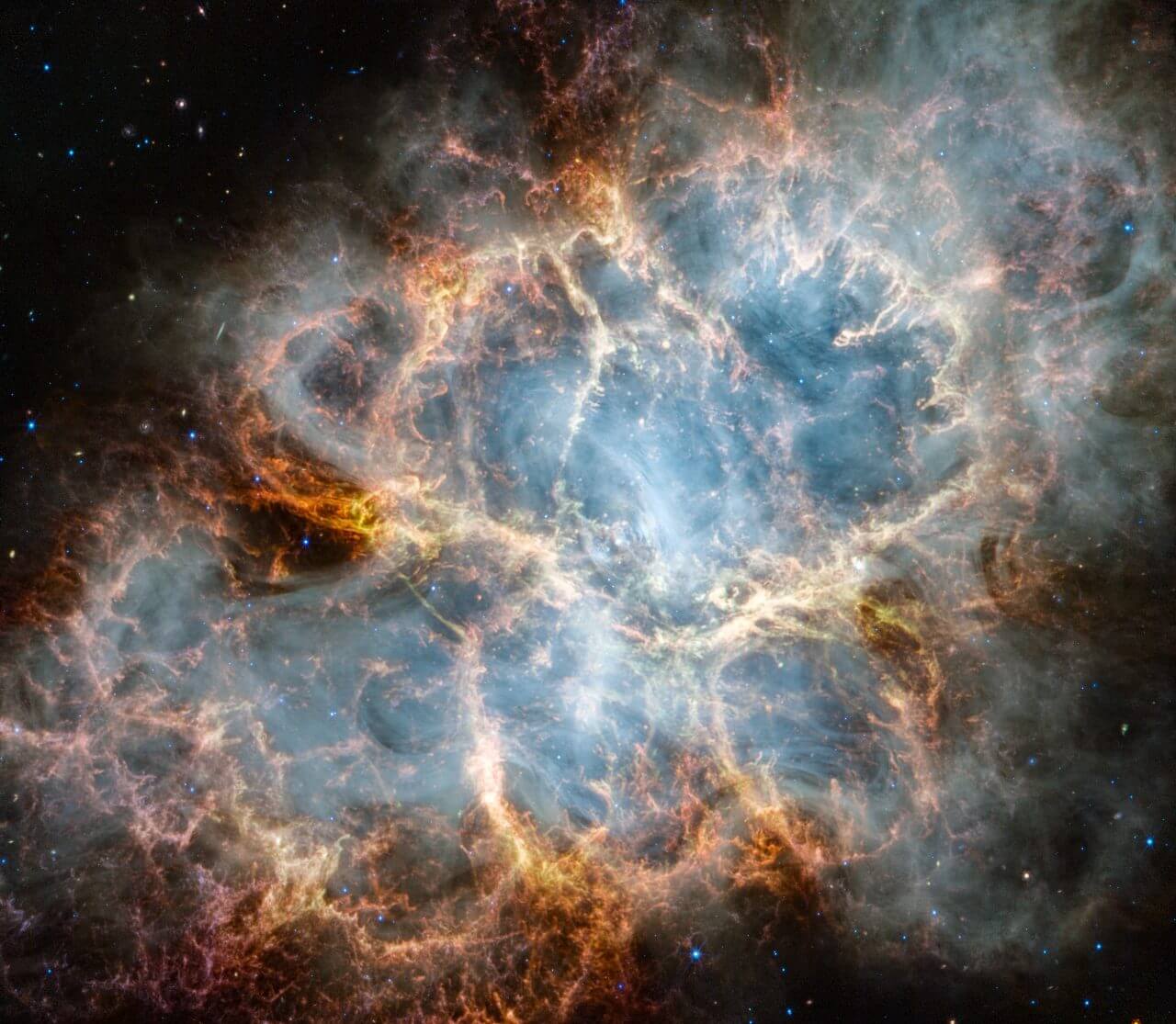 【▲ ジェイムズ・ウェッブ宇宙望遠鏡の近赤外線カメラ（NIRCam）と中間赤外線観測装置（MIRI）で観測した超新星残骸「かに星雲」（Credit: NASA, ESA, CSA, STScI, T. Temim (Princeton University)）】