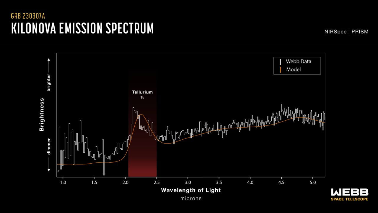 【▲図2: ウェッブ宇宙望遠鏡で観測されたGRB 230307Aの赤外線データ。テルル (Tellurium) の存在を示す輝線がある。 (Image Credit: NASA, ESA, CSA & Joseph Olmsted (STScI)) 】
