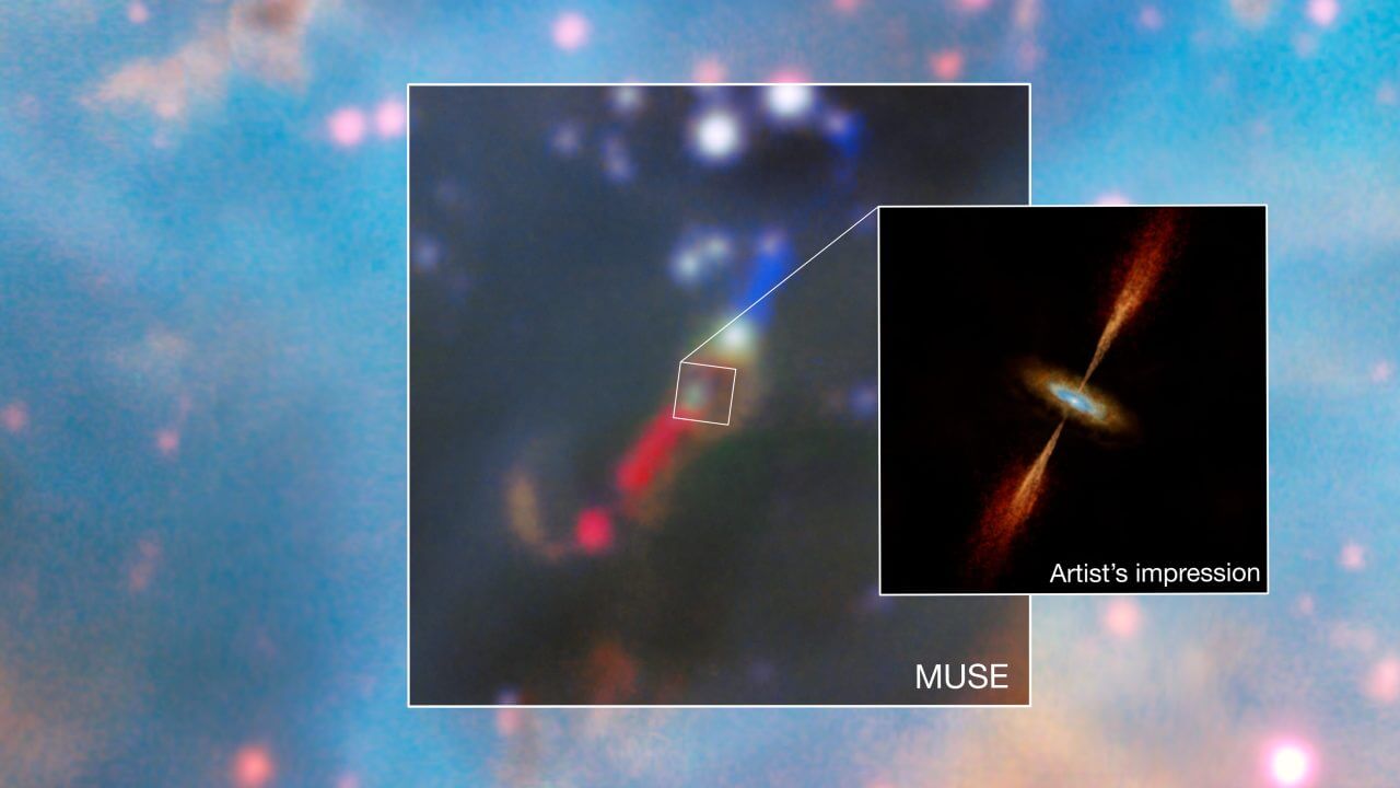 【▲ 超大型望遠鏡（VLT）の広視野面分光観測装置「MUSE」で観測したHH 1177の画像（中央）と、HH 1177および降着円盤の位置をその想像図（右）で示したもの（Credit: ESO/A. McLeod et al./M. Kornmesser）】