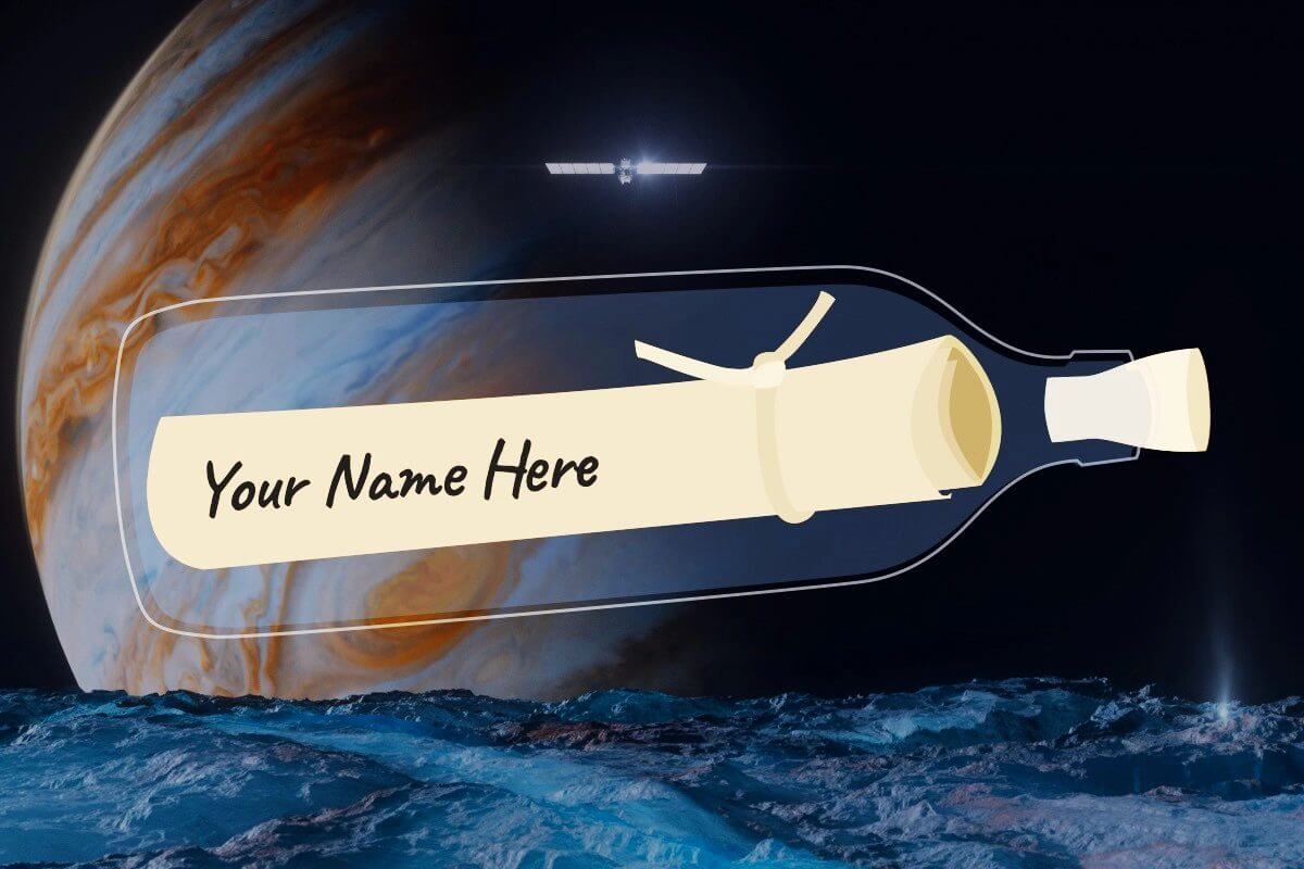 【▲ アメリカ航空宇宙局（NASA）のエウロパ探査ミッション「Europa Clipper（エウロパ・クリッパー）」に関連して実施されているキャンペーン「Message in a Bottle」のイメージイラスト（Credit: NASA/JPL-Caltech）】