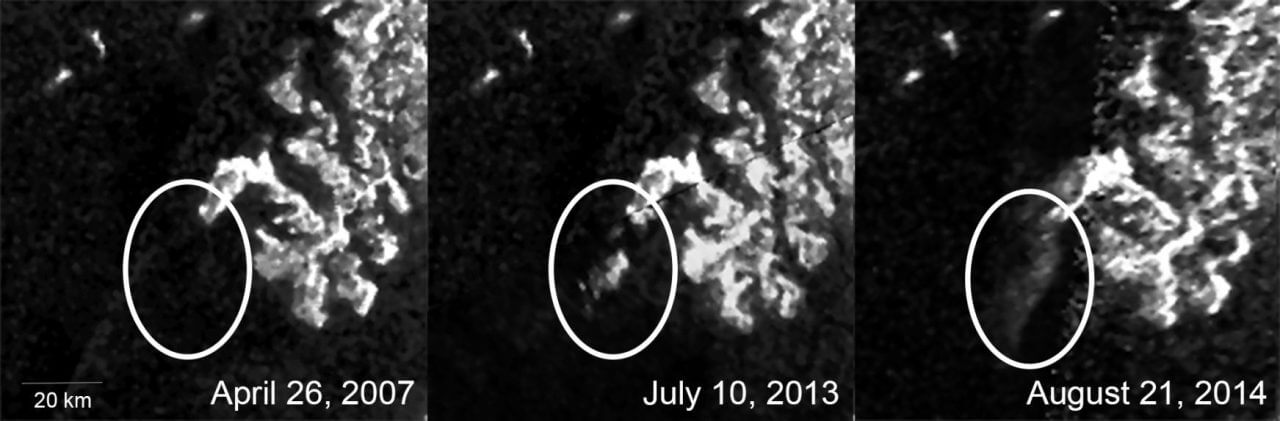 【▲図1: タイタンのリゲイア海で観測された “魔法の島” 。右上にある恒久的な地形と違い、一時的に出現したように見えますが、その出現理由はこれまで不明でした。 (Image Credit: NASA, JPL-Caltech, ASI & Cornell) 】