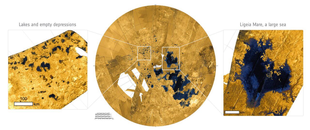 【▲図2: レーダー観測に基づき作成された地図。タイタンの地図。大小さまざまなメタンの湖 (青色) があります。 (Image Credit: NASA, JPL-Caltech, ASI, USGS & T. Cornet (ESA) 】
