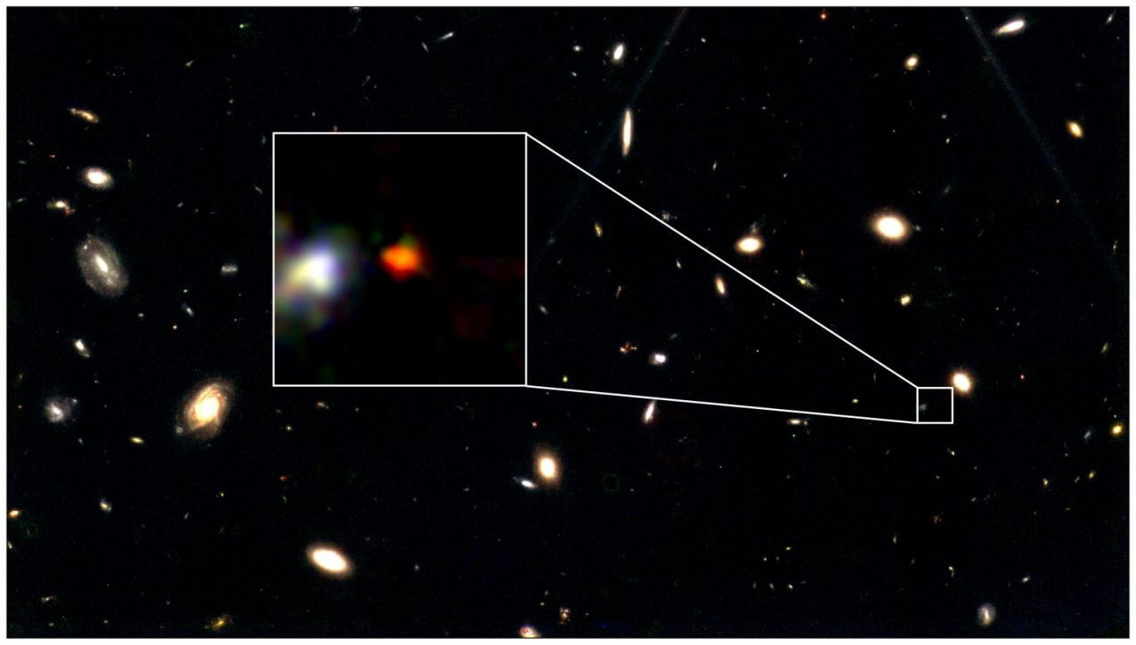 【▲図1: 今回研究された銀河の1つであるCEERS2_588の疑似カラー画像。 (Image Credit: NASA, ESA, CSA & Harikane et al.) 】