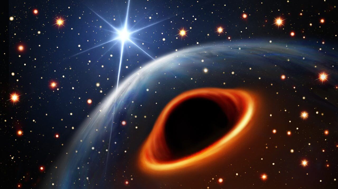 【▲図1: ミリ秒パルサーPSR J0514-4002E (奥側) の伴星の正体がブラックホール (手前側) であった場合の想像図。お互いの距離は約800万km離れています。 (Image Credit: Daniëlle Futselaar (artsource.nl) ) 】