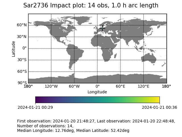 【▲図4: 2024 BX1が衝突する前に発表された落下地点の予測 (十字の中央にある色の範囲) 。本来は衝突範囲が帯状になりますが、今回は衝突範囲がとても絞られており、落下予想は点となっています。 (Image Credit: Richard Moissl (ESA) ) 】