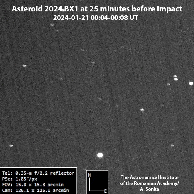 【▲図6: ブカレスト天文台でA. Sonka氏とA. Nedelcu氏によって観測された2024 BX1 (中央の淡い点) 。一連の画像は21日の0時4分から8分にかけて撮影されており、最後の画像は衝突のわずか25分前です。 (Image Credit: A. Sonka (Astronomical Institute of the Romanian Academy) ) 】