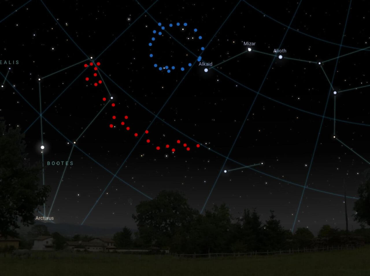 【▲図1: 今回発見されたビッグ・リング (青色) と、以前に発見されたジャイアント・アーク (赤色) の位置。両者は非常に近い位置にあります。 (Image Credit: Stellarium) 】