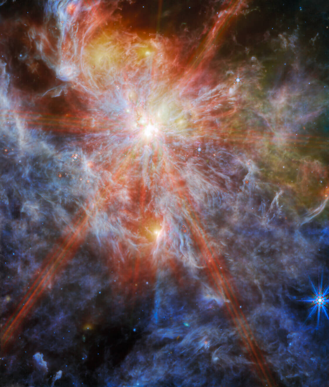 【▲ ジェイムズ・ウェッブ宇宙望遠鏡の中間赤外線観測装置（MIRI）で観測した大マゼラン雲のHII領域「N79」（Credit: ESA/Webb, NASA & CSA, O. Nayak, M. Meixner）】