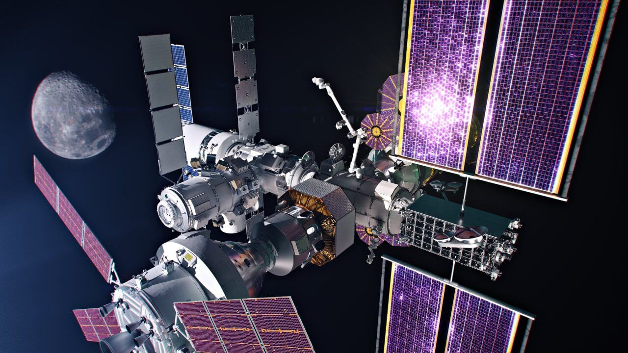 【▲ 計画されている各モジュールを結合した状態の月周回有人拠点「ゲートウェイ」の想像図（Credit: NASA/Alberto Bertolin, Bradley Reynolds）】