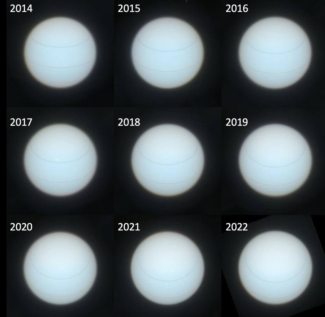 【▲図4: 2014年から2022年にかけてハッブル宇宙望遠鏡のWFC3によって取得された天王星の画像を、今回の研究を元に補正したもの。線は北緯35度、南緯35度、および赤道それぞれの緯度を表しています。赤道方向を見ている2014年と極地を見ている2022年の画像を比較すると、その色が違うことが分かります。 (Image Credit: Patrick Irwin, University of Oxford) 】