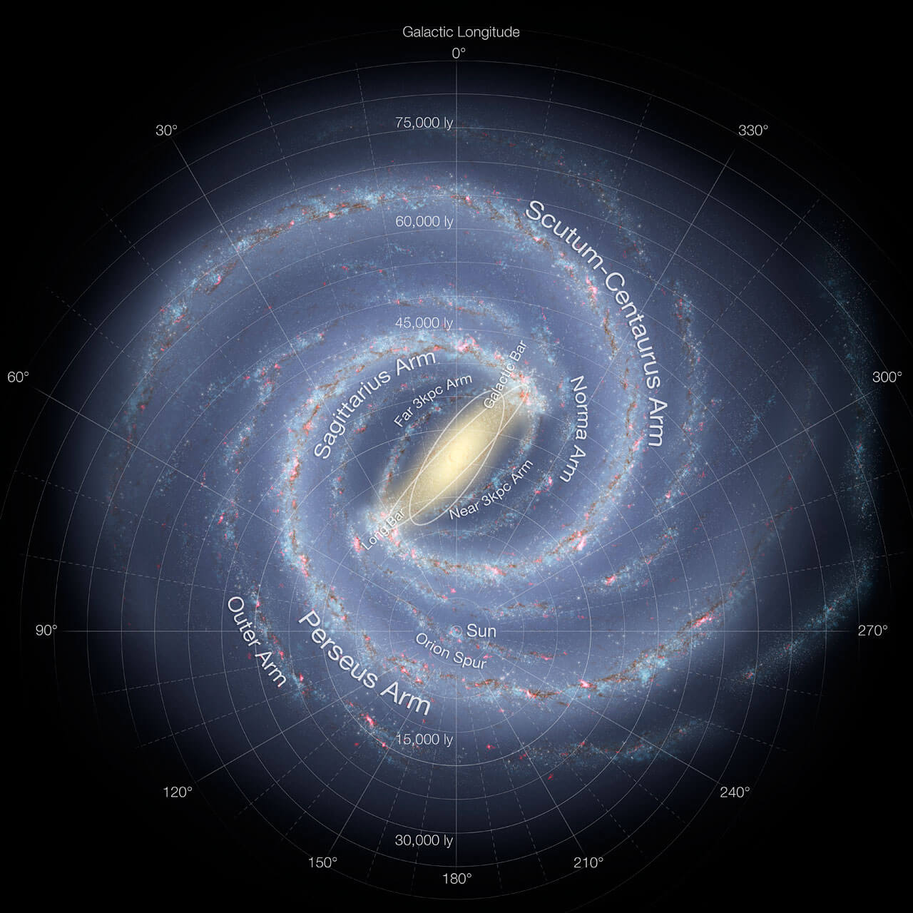 【▲図1: 天の川銀河の想像図と地図。 (Image Credit: NASA, JPL-Caltech, ESO & R. Hurt) 】