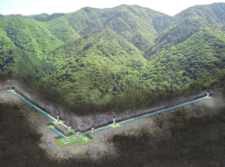 【▲図2: KAGRAは、神岡鉱山の地下約200mに掘り進められたトンネル内に設置されています。L字型の “腕” の長さは3km以上あります。 (Image Credit: 東京大学宇宙線研究所) 】