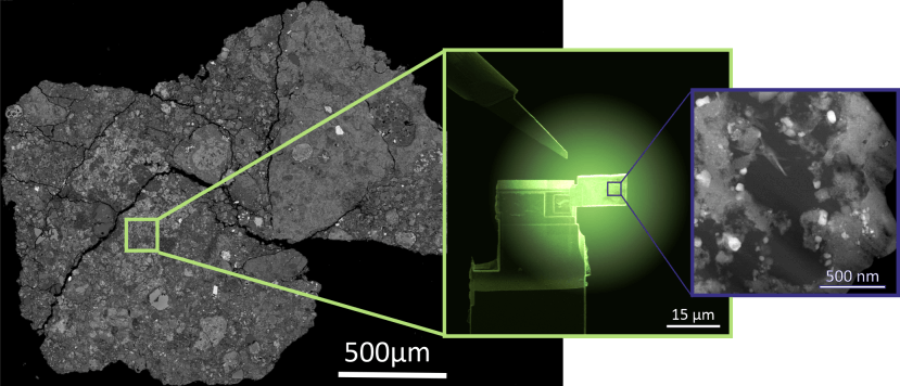 【▲図1: 今回の研究では、ウィンチカム隕石の断面の一部を電子顕微鏡とX線で分析することによって、有機物の正確な位置と化学的な状態を明らかにしました。 (Image Credit: SuperSTEM Laboratory) 】