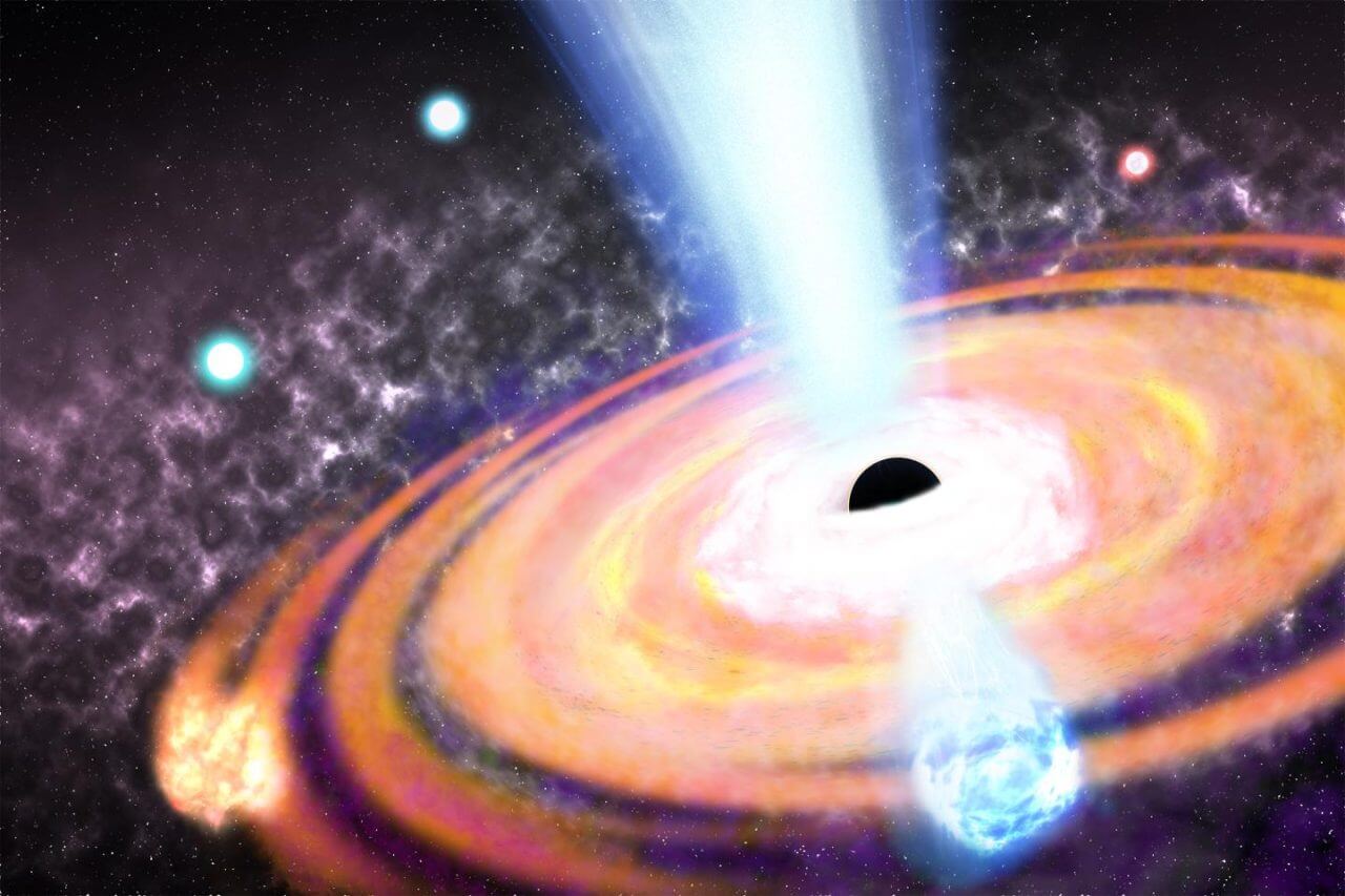 【▲図1: 初期宇宙の銀河の活動の模式図。中心部のブラックホールの活動が活発化すると、その放射によって周りのガスが押しのけられ、恒星の形成が促されます。 (Image Credit: Roberto Molar Candanosa (Johns Hopkins University) ) 】