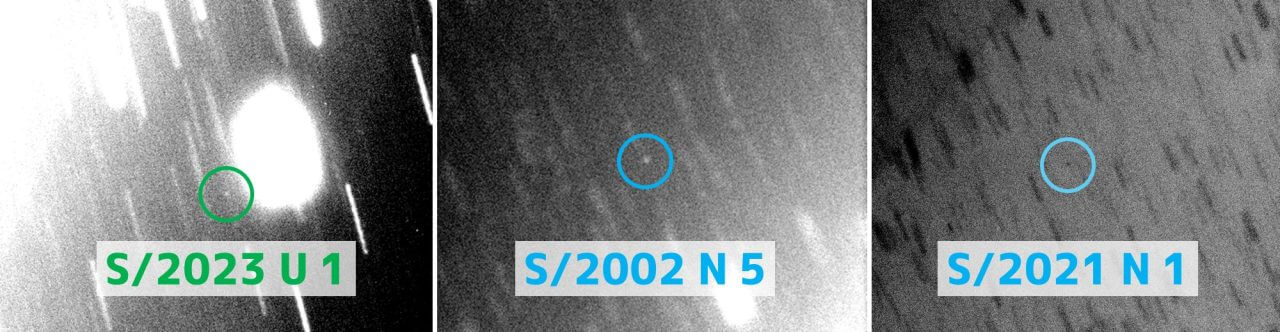 【▲図1: 今回発見が公表された3つの新衛星。 (Image Credit: Scott S. Sheppard, Magellan telescope & Subaru telescope (丸囲みと衛星名は筆者による加筆) 】