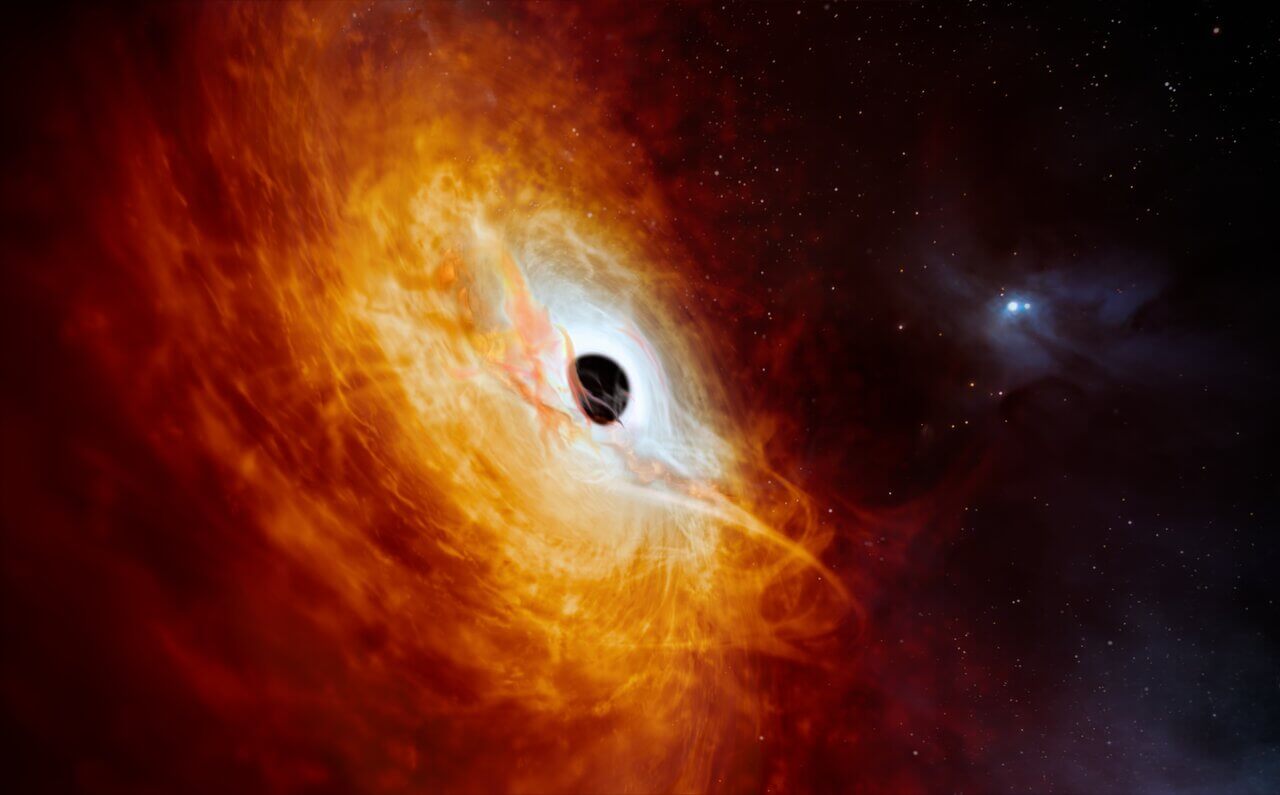 【▲図1: 非常に明るいクエーサー「J0529-4351」の想像図。 (Image Credit: ESO & M. Kornmesser) 】