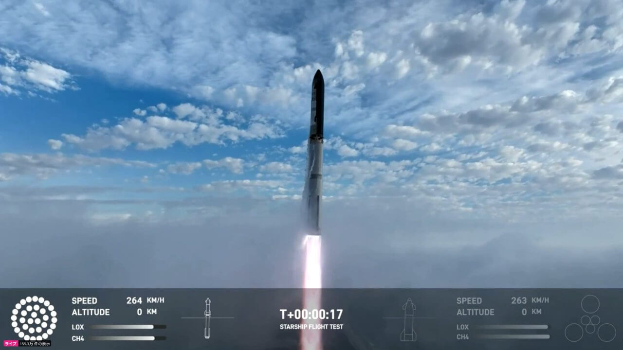 【▲ 米国テキサス州にあるスペースXの施設「スターベース」から第3回無人飛行試験のために打ち上げられた新型ロケット「スターシップ」。スペースXのライブ配信より（Credit: SpaceX）】