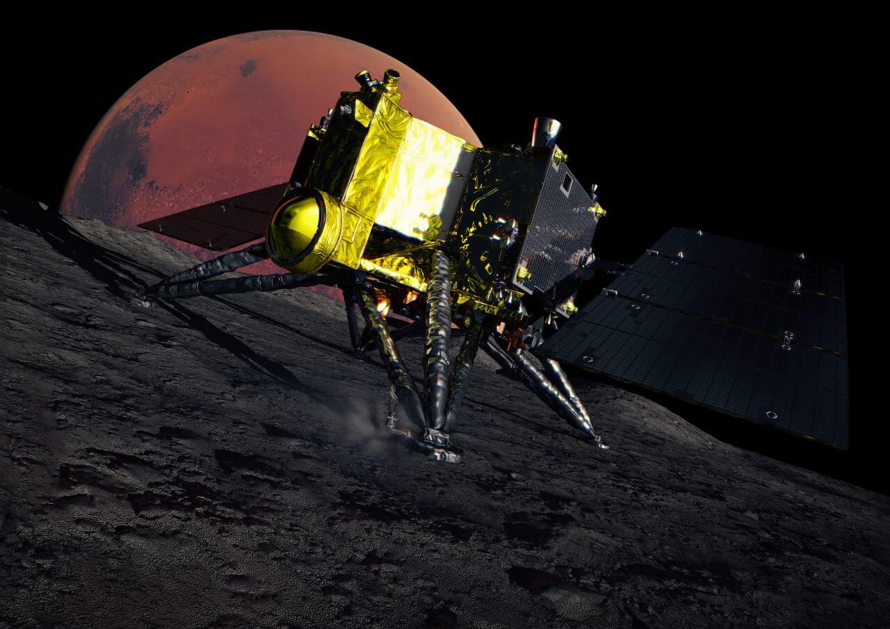 【▲ フォボスに着陸した火星衛星探査計画「MMX」探査機の想像図（Credit: JAXA）】