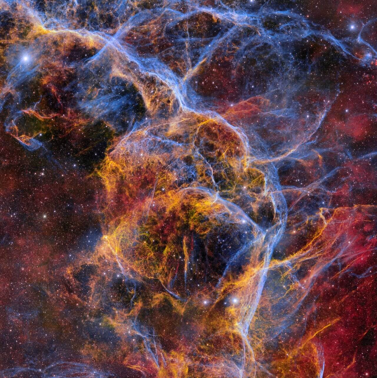 【▲ ほ座超新星残骸（Vela Supernova Remnant）の中央付近の様子（Credit: CTIO/NOIRLab/DOE/NSF/AURA; Image Processing: T.A. Rector (University of Alaska Anchorage/NSF’s NOIRLab), M. Zamani & D. de Martin (NSF’s NOIRLab)）】