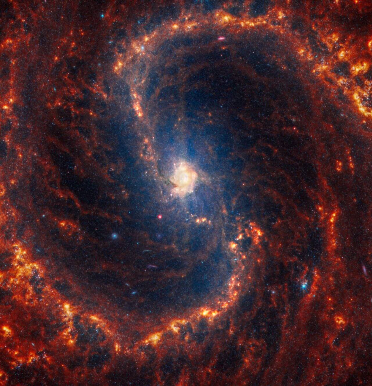 【▲ ジェイムズ・ウェッブ宇宙望遠鏡の近赤外線カメラ（NIRCam）と中間赤外線観測装置（MIRI）で観測された渦巻銀河「NGC 4535」（Credit: NASA, ESA, CSA, STScI, Janice Lee (STScI), Thomas Williams (Oxford), PHANGS Team）】