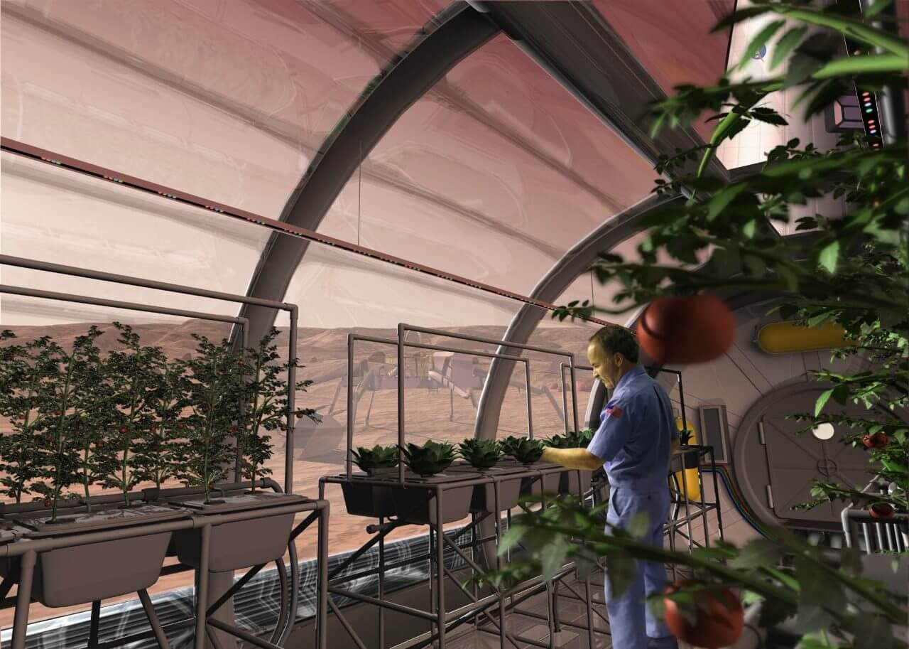 【▲ 火星で作物を育てる温室のアーティストによるコンセプトの一つ。LED照明と水耕栽培の利用を想定している（Credit: NASA/SAIC）】