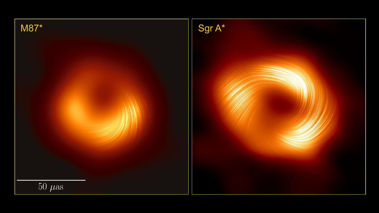 [▲ مقارنة صور الاستقطاب حول الثقب الأسود الهائل للمجرة الإهليلجية M87 (يسار) وحول القوس A* (يمين). يشير شريط المقياس الموجود في أسفل اليسار إلى 50 ميكروثانية.  تبلغ كتلة الثقب الأسود الهائل في M87 أكثر من 1000 مرة من كتلة القوس A*، وله بنية حلقية يتناسب قطرها مع تلك الكتلة، ومع ذلك، نظرًا لأن M87 أبعد عن الأرض، فإن حجمه الظاهري يكاد يكون مكتملًا بالصدفة. : تعاون EHT)]