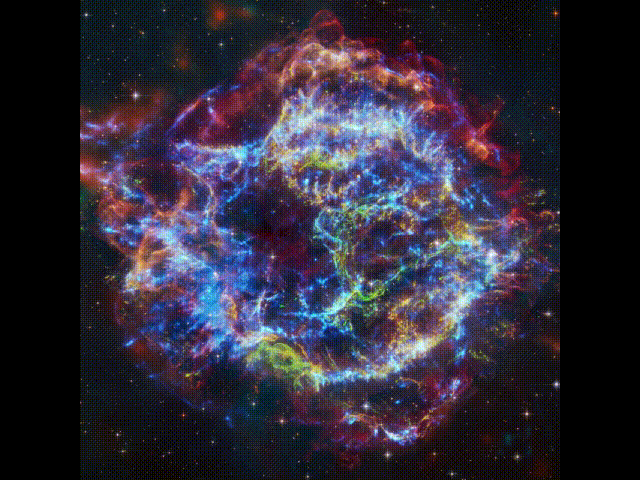 【▲ X線宇宙望遠鏡「チャンドラ」を使って取得したデータをもとに作成された「カシオペヤ座A」のタイムラプス動画（Credit: X-ray: NASA/CXC/SAO; Optical: NASA/STScI; Image Processing: NASA/CXC/SAO/J. Major, A. Jubett, K. Arcand）】