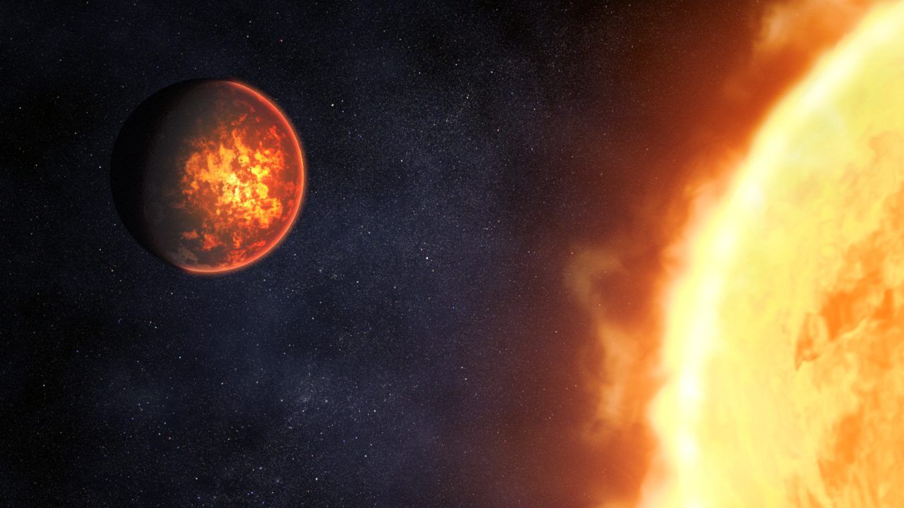 【▲ 図1: 表面がマグマで覆われた高温の惑星の想像図。（Credit: NASA, ESA, CSA & Dani Player（STScI））】