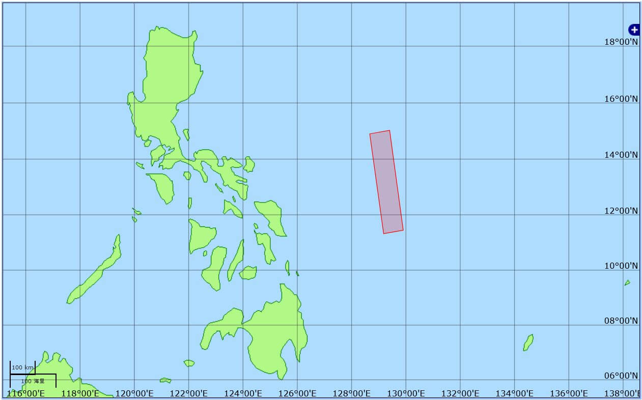 【▲ 北朝鮮の通報を受けてフィリピン沖の太平洋に設定された海域を示した図。海上保安庁の水路通報・航行警報位置図から引用（Credit: 海上保安庁）】