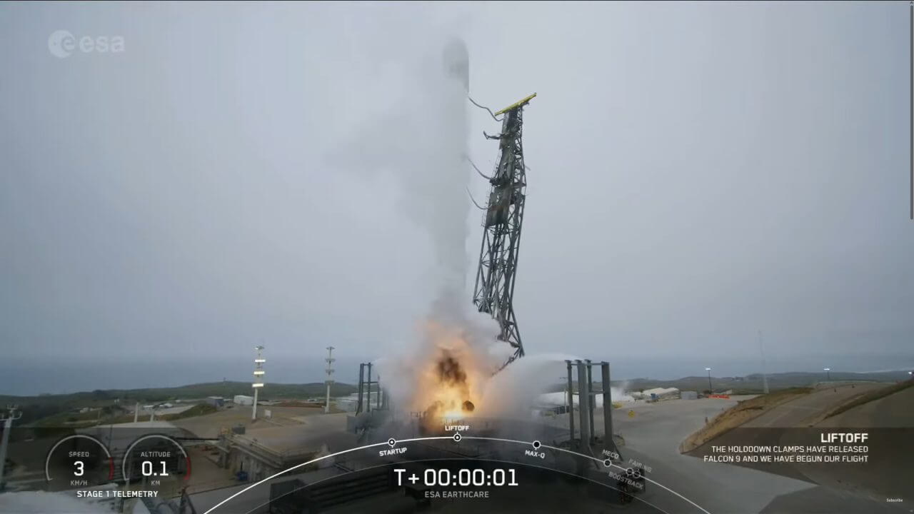 【▲ 地球観測衛星「EarthCARE」を搭載してヴァンデンバーグ宇宙軍基地から打ち上げられた「ファルコン9」ロケット（Credit: ESA, SpaceX）】