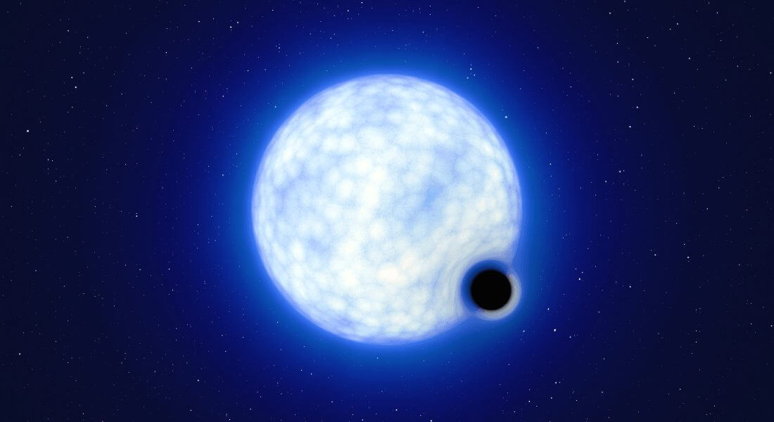 【▲ 図1: 恒星とブラックホールの連星であるVFTS 243の想像図。（Credit: ESO & L. Calçada）】