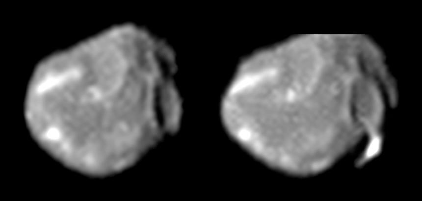 【▲ 参考画像：アメリカ航空宇宙局（NASA）の木星探査機「ガリレオ」が1999年8月（左）と同年11月（右）に撮影した木星の衛星アマルテア（Credit: NASA/JPL/Cornell University）】