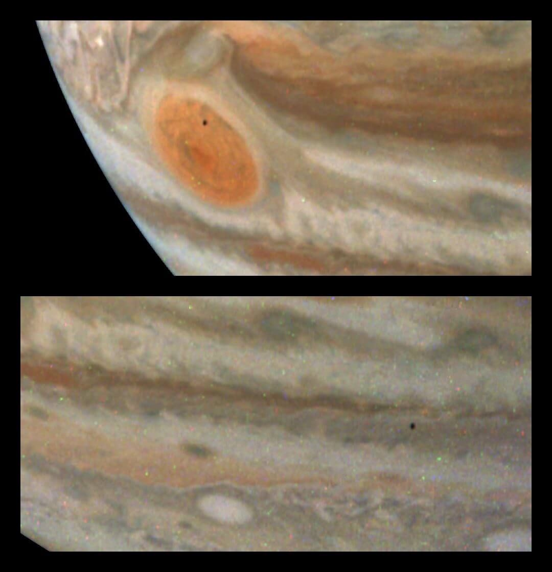 What is the identity of the object that passes in front of Jupiter?  Photographed by NASA's Juno spacecraft.  sorae portal site to space