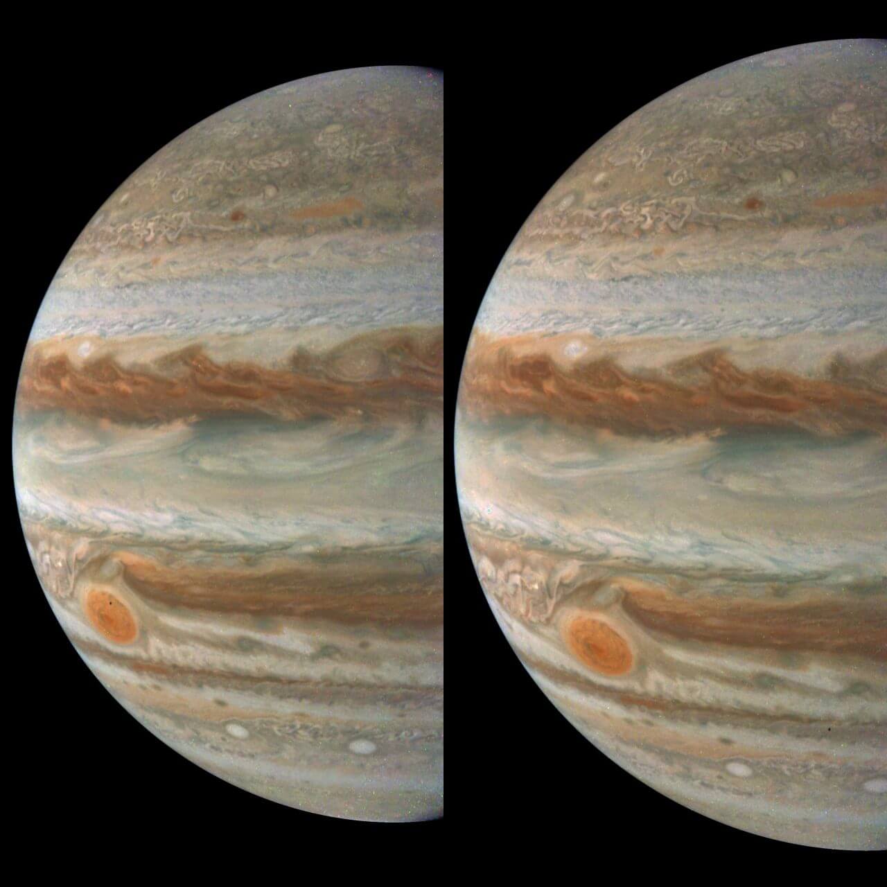 【▲ アメリカ航空宇宙局（NASA）の木星探査機「ジュノー」の可視光カメラ「JunoCam」で撮影された木星。2024年3月7日に取得されたデータをもとに市民科学者のGerald Eichstädtさんが作成（Credit: Image data: NASA/JPL-Caltech/SwRI/MSSS; Image processing by Gerald Eichstädt）】