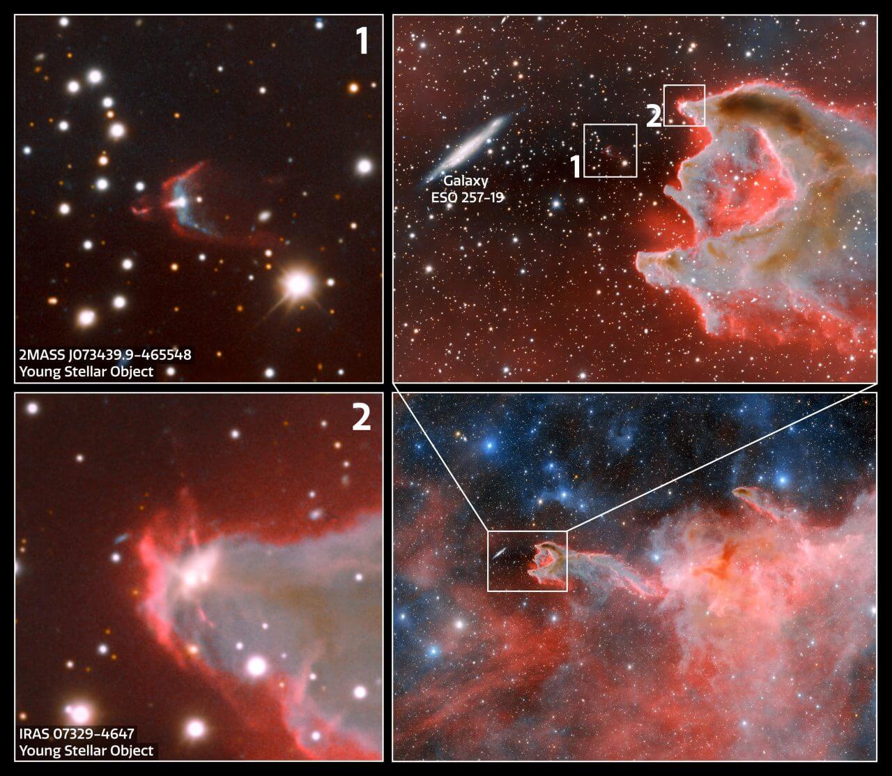 【▲ 彗星状グロビュール「CG 4」とその周辺の画像（右下）、CG 4の“頭部”を拡大した画像（右上）、2つの若い星状天体をさらに拡大した画像（左上と左下）を並べた図（Credit: CTIO/NOIRLab/DOE/NSF/AURA; Image Processing: T.A. Rector (University of Alaska Anchorage/NSF’s NOIRLab), D. de Martin & M. Zamani (NSF’s NOIRLab)）】