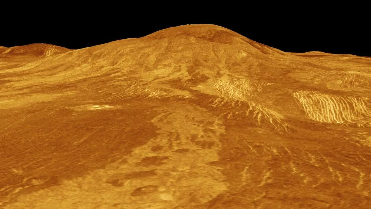【▲ 図3: マゼランのレーダー画像から再現された「シフ山」の地形。地形を見やすくするため、高さ方向が水平方向よりも強調されています。（Credit: NASA & JPL-Caltech）】