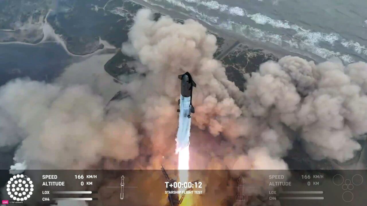 【▲ 米国テキサス州にあるスペースXの施設「スターベース」から第4回飛行試験のために打ち上げられた新型ロケット「スターシップ」。スペースXのライブ配信より（Credit: SpaceX）】