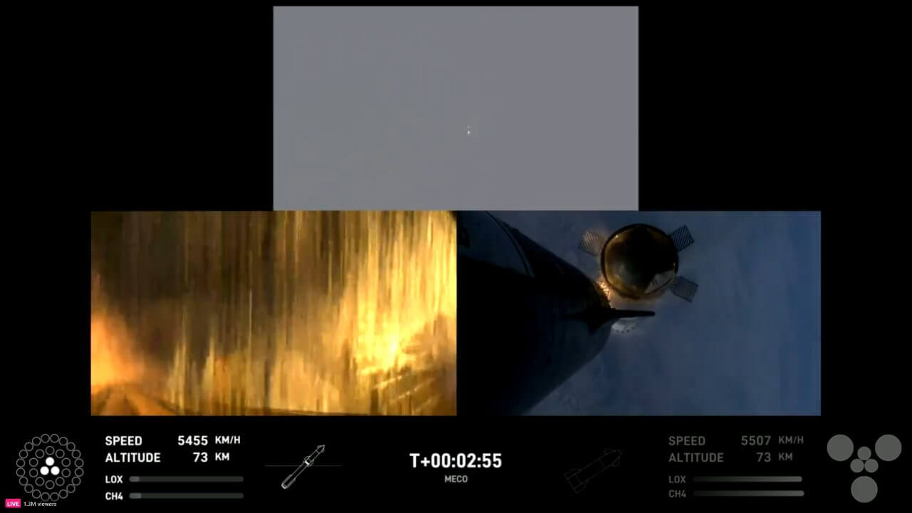 【▲ 大型宇宙船「スターシップ」と大型ロケット「スーパーヘビー」分離の瞬間。スペースXのライブ配信より（Credit: SpaceX）】
