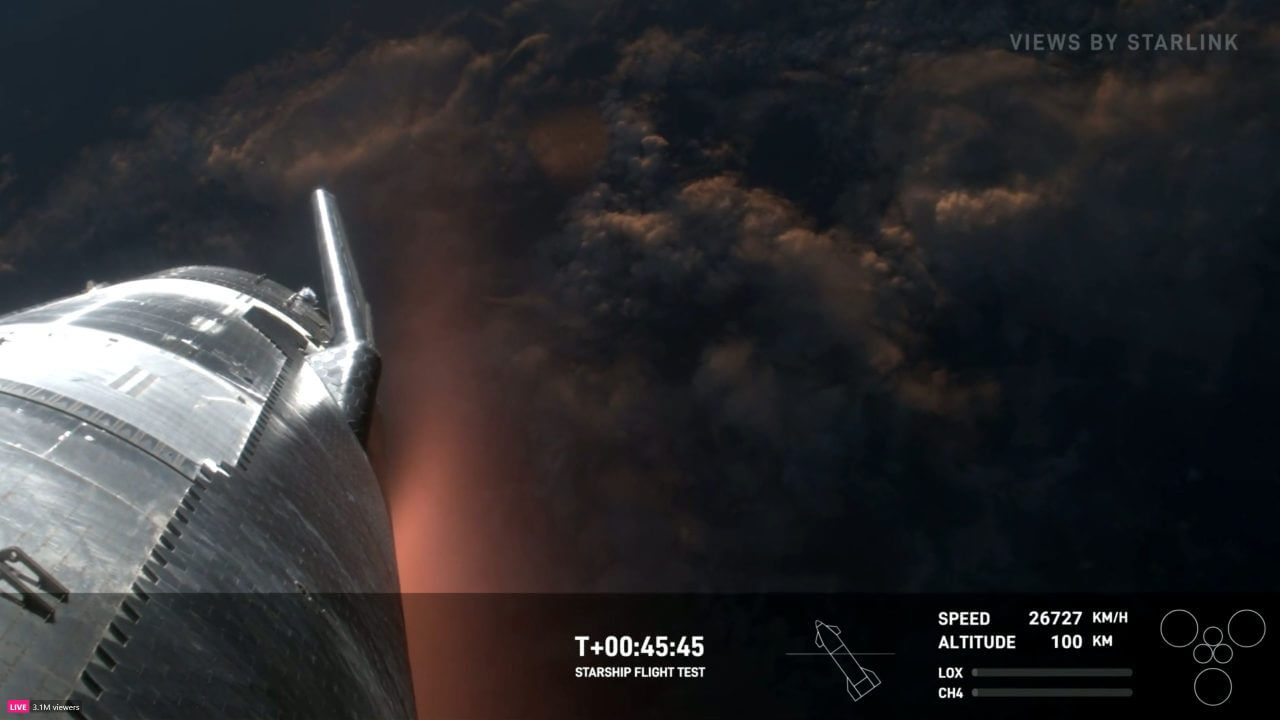 【▲ 大気圏に再突入したStarship（スターシップ）宇宙船からStarlink（スターリンク）経由で送られた映像。SpaceX（スペースX）のライブ配信より（Credit: SpaceX）】