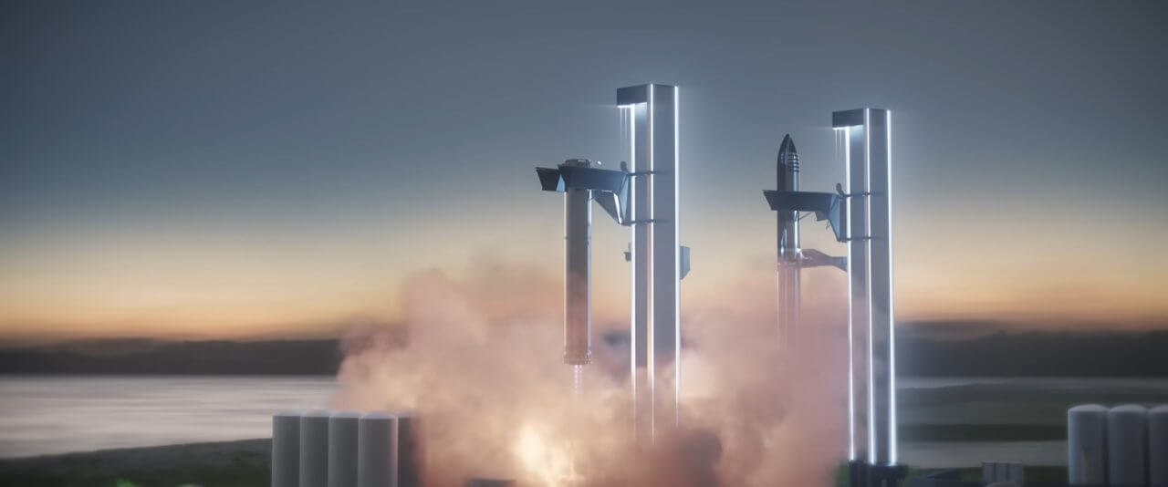 【▲ 発射台のアームでキャッチされる大型ロケット「Super Heavy」。SpaceXが公開している動画「Starship Mission to Mars」から（Credit: SpaceX）】