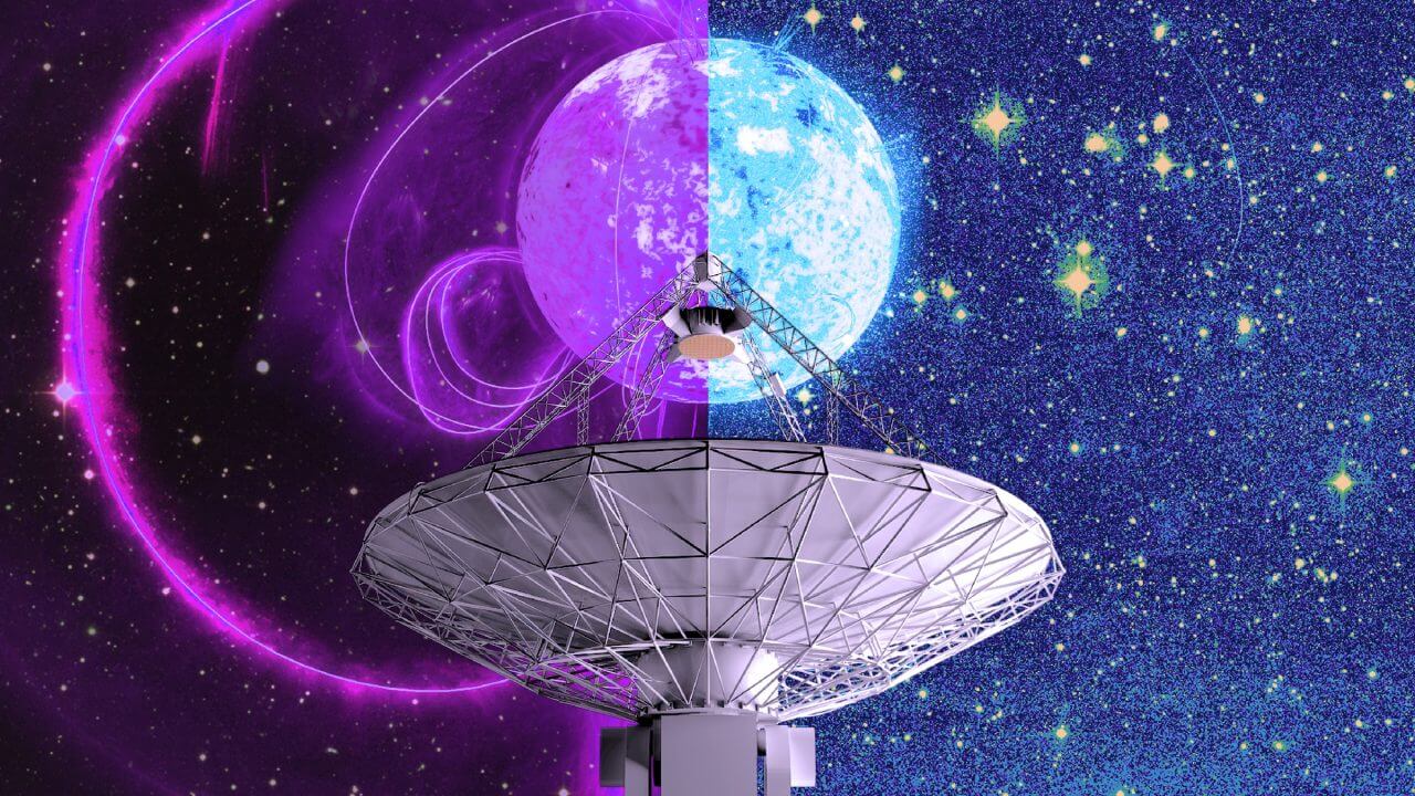 【▲ 図1: ASKAP電波望遠鏡の背後にあるASKAP 1935+2148のイメージ。可能性として考えられる中性子星と白色矮星を反映しています。（Credit: Carl Knox（OzGrav））】