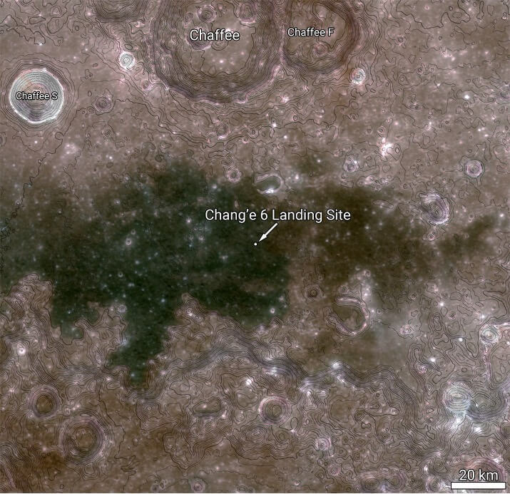 【▲ 月探査機「嫦娥6号」の着陸地点周辺の地質学的な特徴を示した地図。色の違いが強調されている。暗い色は過去に流れた玄武岩質の溶岩で、青色がかっている部分はチタンの含有量が高く、反対に赤色がかっている部分はチタンの含有量が低い（Credit: NASA/Goddard/Arizona State University）】