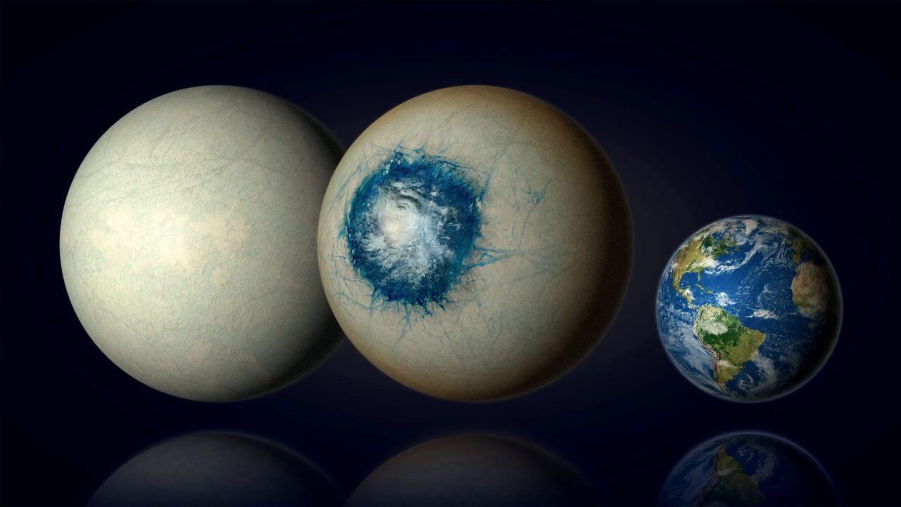 【▲ 今回の研究成果をもとに描かれた太陽系外惑星「LHS 1140 b」の2つの姿（左、中央）と地球（右）の大きさを比較した図。左は太陽系の氷衛星のようにLHS 1140 bの表面全体が氷に覆われているとした場合、中央はLHS 1140 bが大気を持ち昼側に海が広がっているとした場合の想像図（Credit: B. Gougeon/Université de Montréal）】