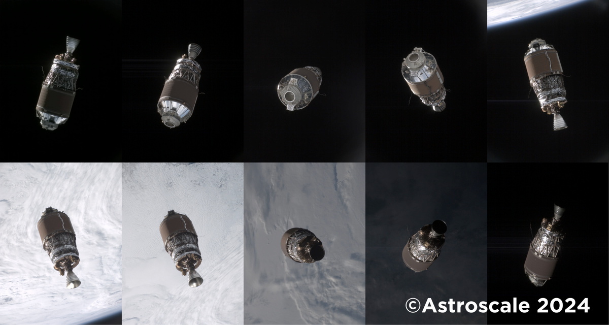 【▲ アストロスケールの商業デブリ除去実証衛星「ADRAS-J」が2024年7月15日の周回観測（2回目）で撮影した観測対象の大型デブリ（H-IIAロケット15号機の上段）の連続画像。撮影順は左上→右上→左下→右下（Credit: Astroscale）】
