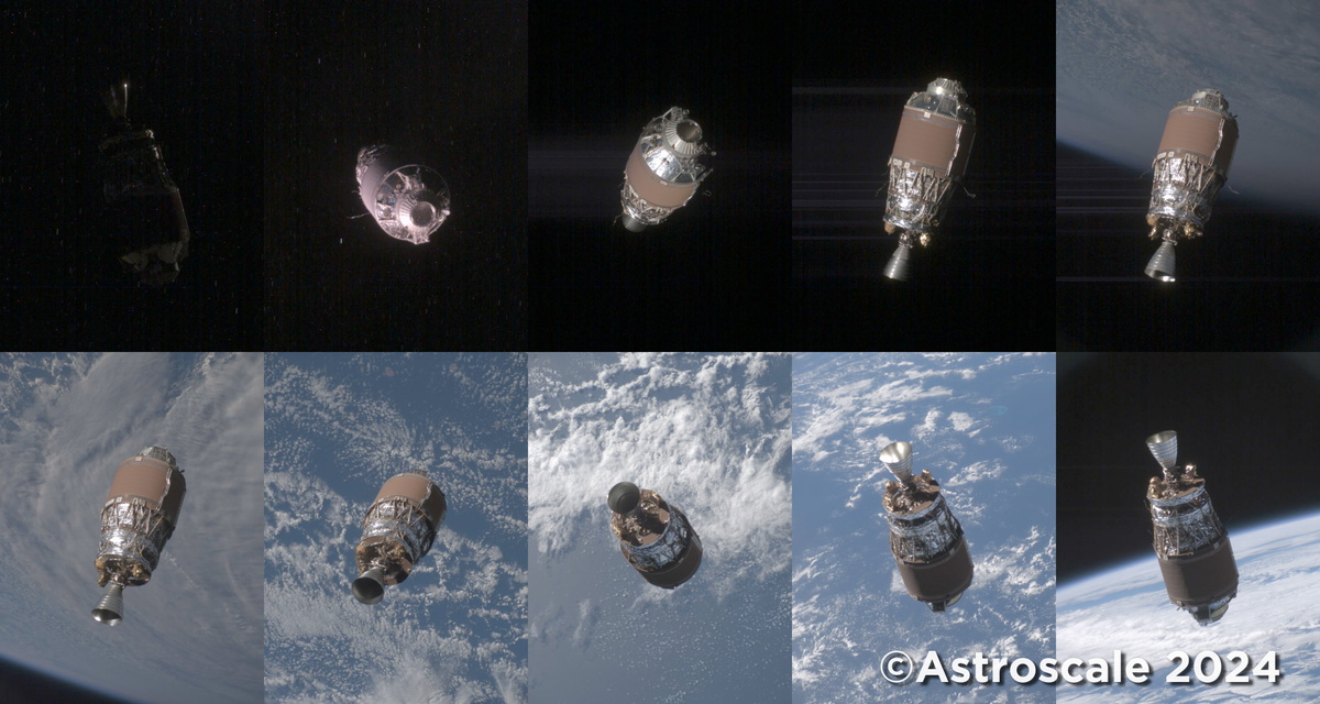 【▲ アストロスケールの商業デブリ除去実証衛星「ADRAS-J」が2024年7月16日の周回観測（3回目）で撮影した観測対象の大型デブリ（H-IIAロケット15号機の上段）の連続画像。撮影順は左上→右上→左下→右下（Credit: Astroscale）】