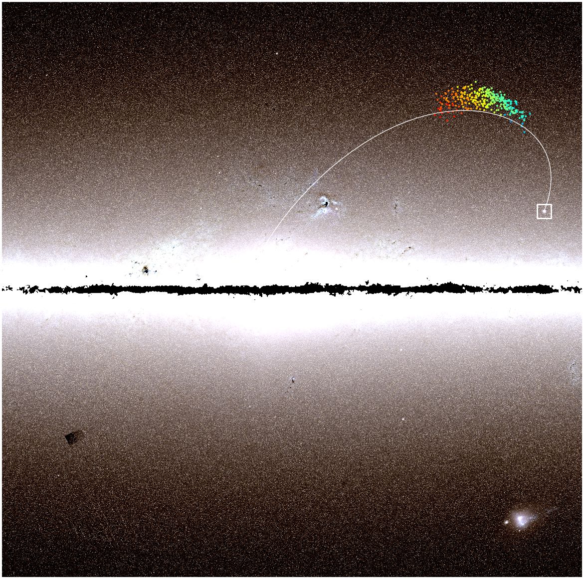 【▲ 図3: 銀河系におけるω星団の位置とその軌道。右側の白い四角で囲まれた天体がω星団。それに続く白い楕円状の曲線がω星団の軌道。銀河系の円盤は画像の中央部を左右に横切る領域。（Credit: ESA/Gaia, Rodrigo Ibata, Michele Bellazzini, Khyati Malhan, Nicolas Martin, Paolo Bianchini）】