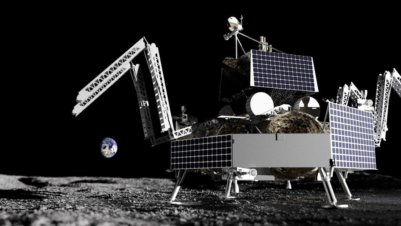 【▲ Astrobotic Technologyの月着陸ミッション「GM1」で月面に着陸した同社の月着陸船「Griffin」の想像図。VIPERミッションの中止前に作成されたため、着陸船の上部にはVIPER探査車が搭載されている（Credit: ESA）】