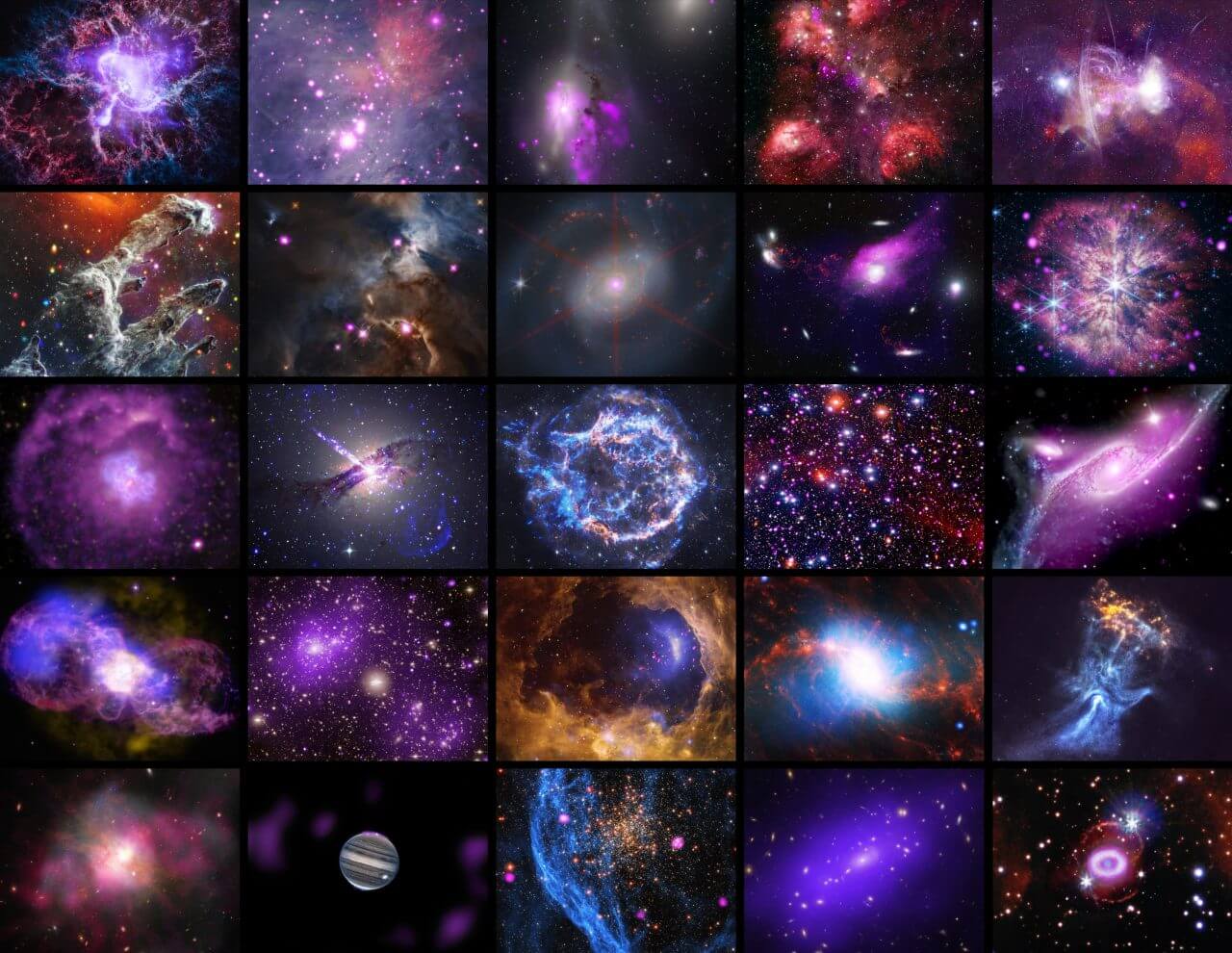 【▲ アメリカ航空宇宙局（NASA）のX線宇宙望遠鏡「Chandra（チャンドラ）」の打ち上げ25周年を記念して公開された記念画像。年数にあわせてChandraが観測してきた25の天体のデータが使用されている（Credit: NASA/SAO/CXC）】