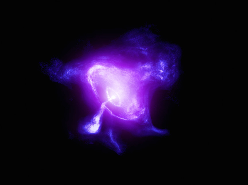 【▲ チャンドラ（青紫、白）とIXPE（紫）の観測データだけで作成された「かに星雲」の画像（Credit: X-ray: (Chandra) NASA/CXC/SAO, (IXPE) NASA/MSFC; Optical: NASA/ESA/STScI; Image Processing: NASA/CXC/SAO/J. Schmidt, K. Arcand, and L. Frattare）】